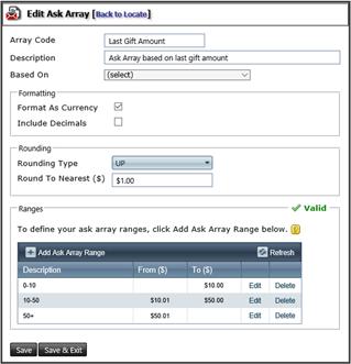 When establishing an ask array you enter the array code and description, choose the based on criteria, and establish formatting options. Select the rounding type and amount such as $1.00 or $5.