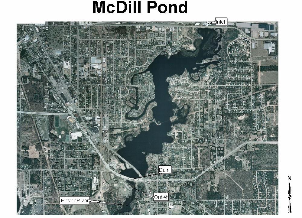McDill Pond ~ Location McDill Pond In Stevens Point, just north of intersection of Business 51 and County Road HH Water flow Mcdill Pond was created by a dam on the Plover River It is 261 acres with