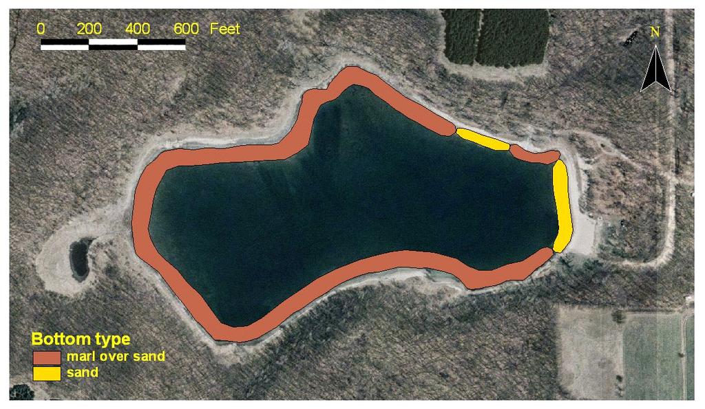 Substrate: Bottom substrate is marl and sand. Suitable substrate exists for spawning of largemouth bass and bluegill.