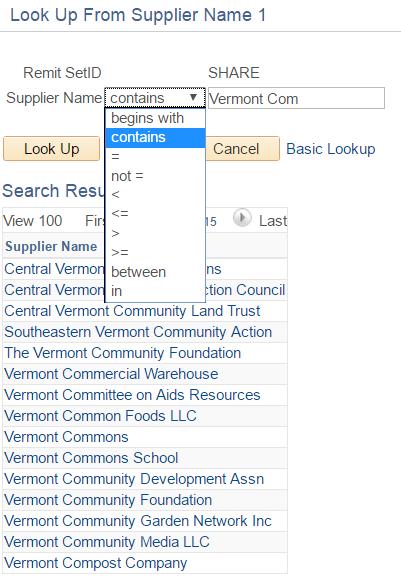 The search using Supplier Name contains Vermont Com produces a shorter list of results.