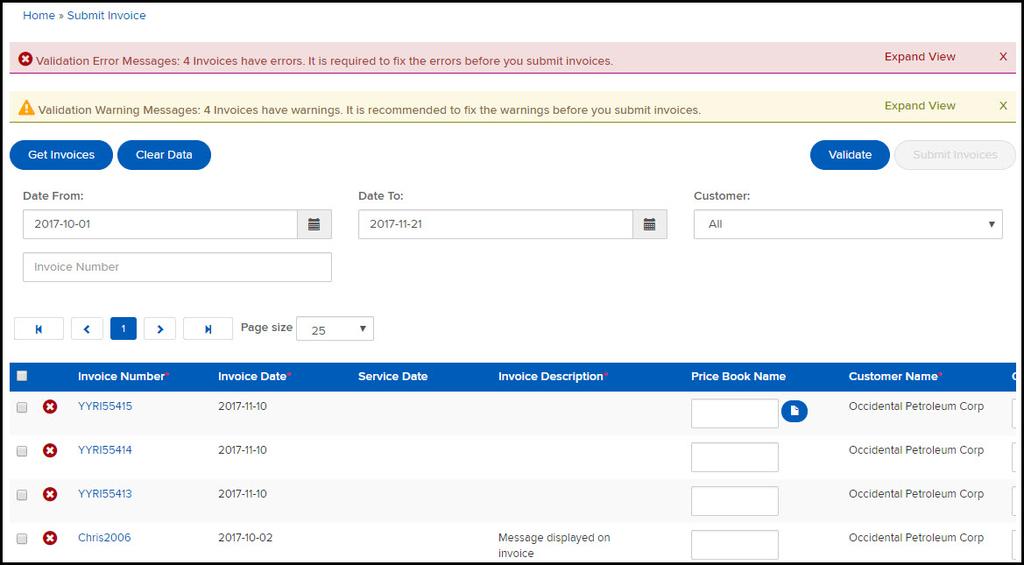 Note: If there are not any invoices that match the filters the No invoices found for given search criteria message will display. 4.
