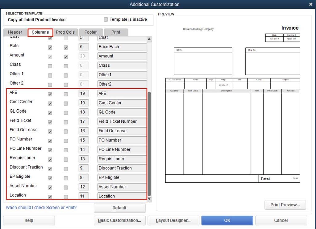 9. Select the Screen checkbox next to the fields you want to display on your Invoice. 10. Click OK. The new fields are now visible on the Invoice in the line item section.