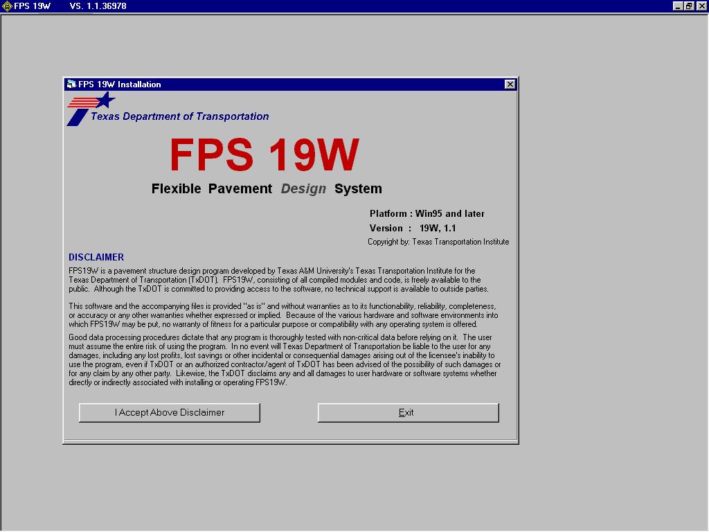 CHAPTER 2 RUNNING THE FPS 19W PROGRAM 2.1 RUNNING FPS 19W Double click on the FPS 19W icon. The first time the program is run, the FPS 19W disclaimer screen (Figure 1) will be displayed.