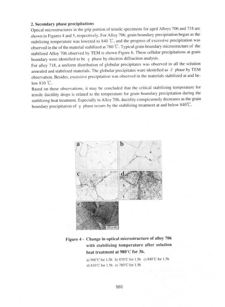 2. Secondary phase precipitations Optical microstructures in the grip portion of tensile specimens for aged Alloys 706 and 718 are shown in Figures 4 and 5, respectively.