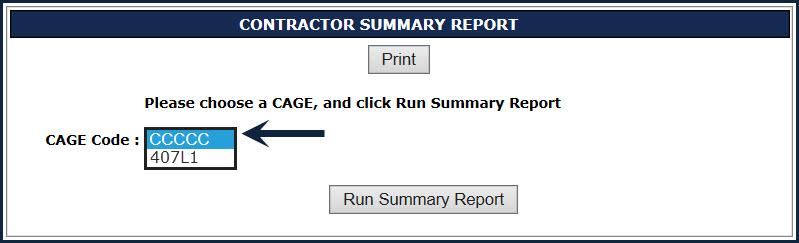 Figure 16: Contractor Summary Report - Select CAGE
