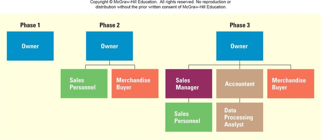 7-8 The Evolution of a Clothing Store, Phases 1, 2, and 3 Organizational Chart A visual display of the organizational