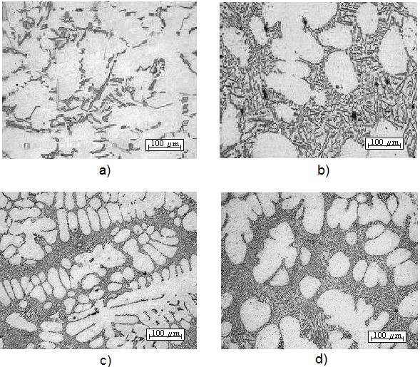 Figures 9a-d shows the obtained microstructures of each specimen: of the unmodified samples, and with different levels of modifying agent and grain refiner. It is clear that for a low Sr level (0.