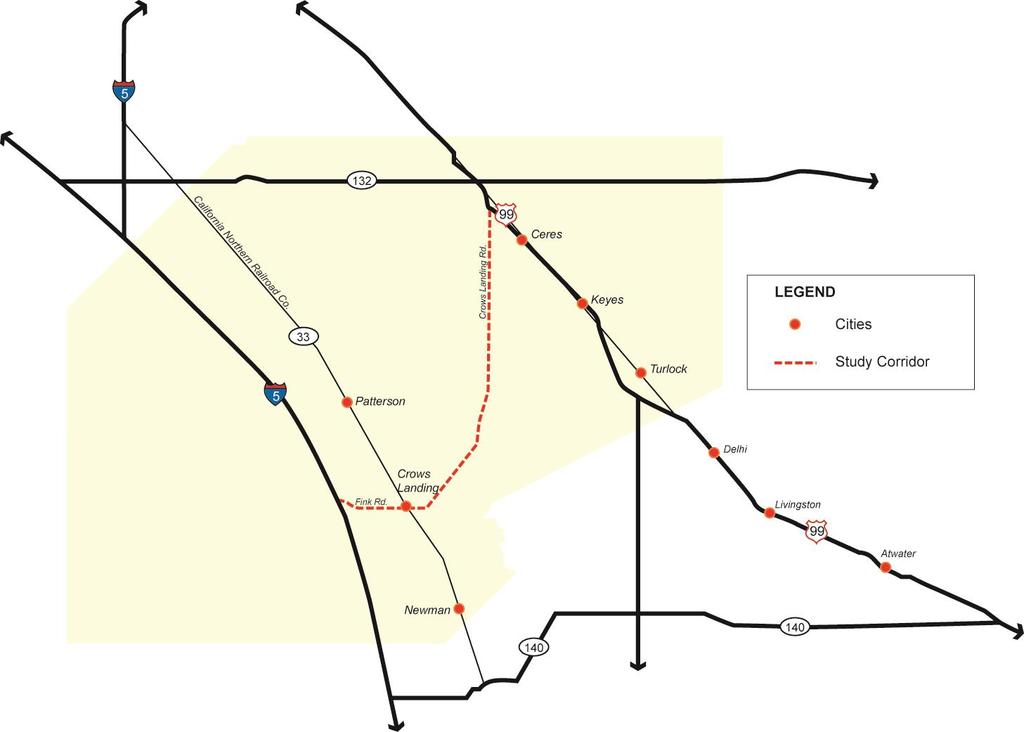 Figure 1, showing the Plan Corridor (Crows Landing Road/Fink Road between I-5 to SR 99) Although Stanislaus County is diverse, with a population that is 46.7 percent of white, 41.