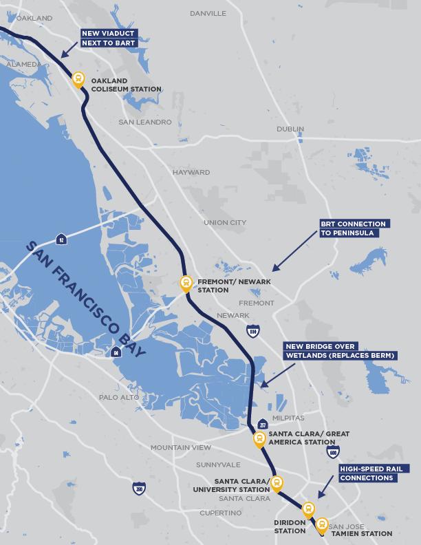 San Jose-Oakland Capacity improvements needed in shared Caltrain/HSR ROW, at Diridon, potential Tamien terminal facility Double-track through Alviso Wetlands raised to