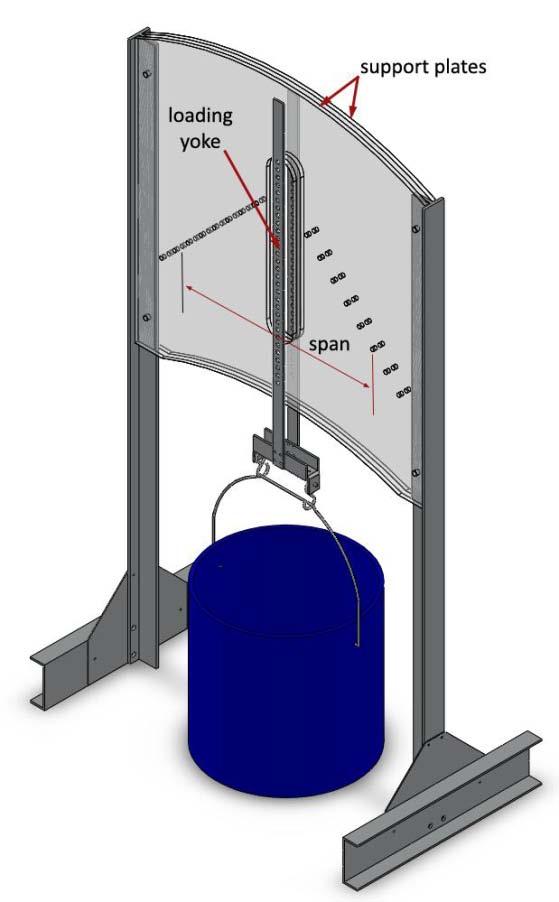 Testing apparatus Two different styles of testing apparatus have been designed as part of this project. The first style is larger and uses a hanging weight to apply the external load to the truss.