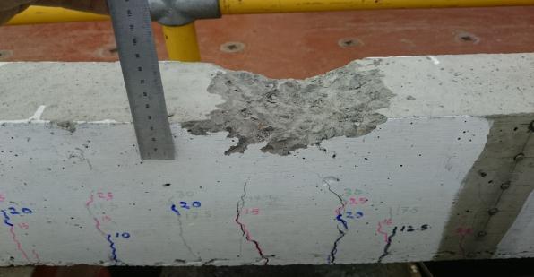 2 Full Length Strengthened Beams (FCF): main failure mode was concrete crushing (CC) of 60mm deep; however, premature concrete tearing-off signs were clear before