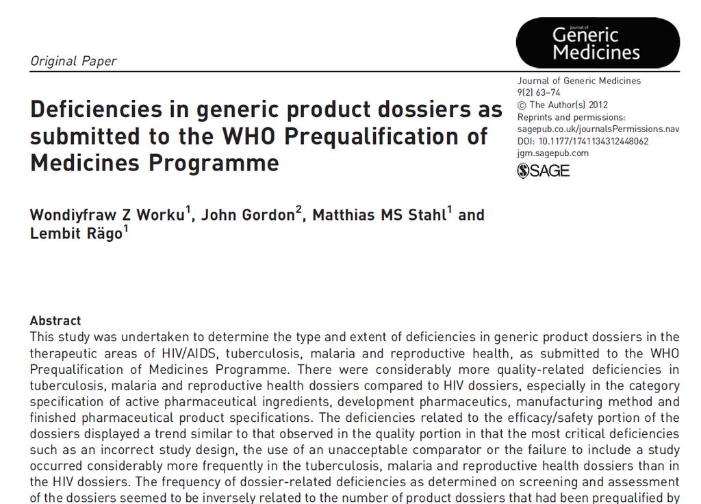 Deficiencies in generic product dossiers