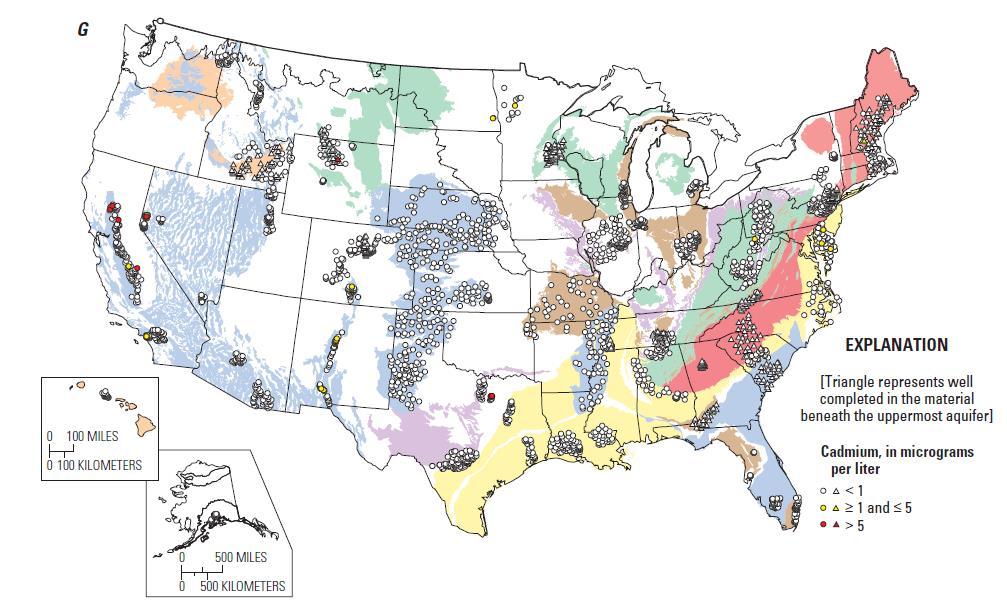 Geographic distribution of Cadmium concentrations in groundwater collected