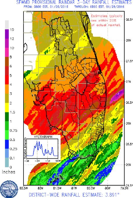 January 26-29, 2016 Rainfall Most of the recent event was concentrated on the 3 calendar