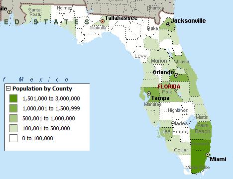 Exhibits 16 and 17 depict the Florida population by county in 2010 and 2030.