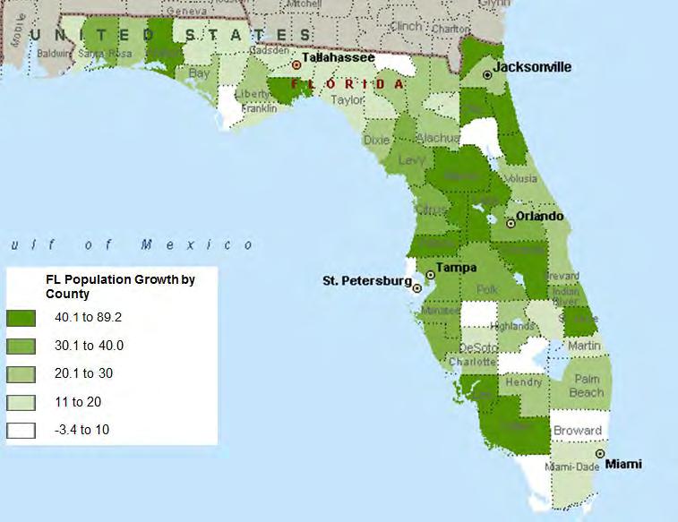 Exhibit 18 shows the percent change in population over the 2010-2030 period. The greatest population growth is projected in Northeast and Central Florida.