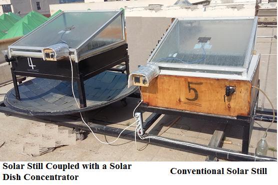 Fig. 2 A photo of the solar still coupled with a solar dish concentrator and the conventional solar still The conventional solar still was made of galvanized sheet with 1.