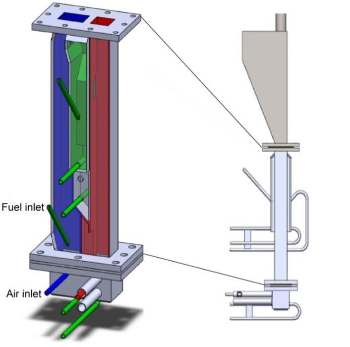 Figure 1. Schematic illustration of the smaller fluidised bed reactor: open front view to the left and side view including the particle separation box to the right.