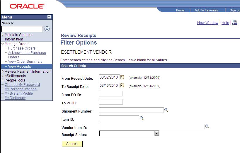 2. Choose to limit the number of receipts displayed by setting Filter Options listed below.