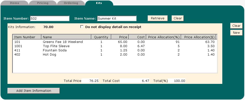 Enter the Inventory GL Number. Enter the Retail Price (Pre-tax.) Click the Add Item Information button.