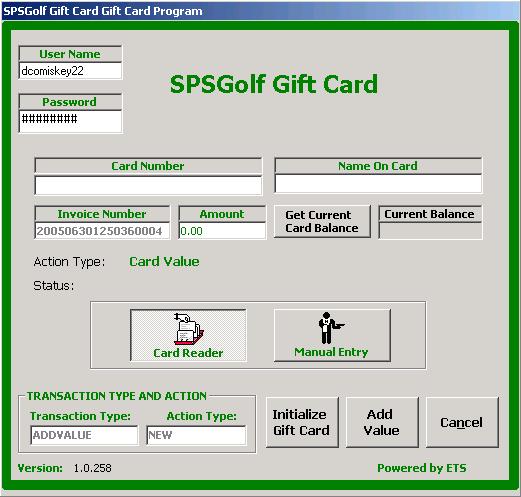 On POS page, click Gift Card underneath the Action column. The SPSGolf Gift Card window will open.