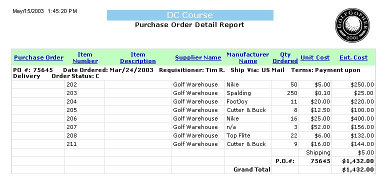6.1.9 Purchase Order Detail Report The Purchase Order Detail Report displays a detailed listing of specific purchase orders. You are required to select a starting date to run this report.
