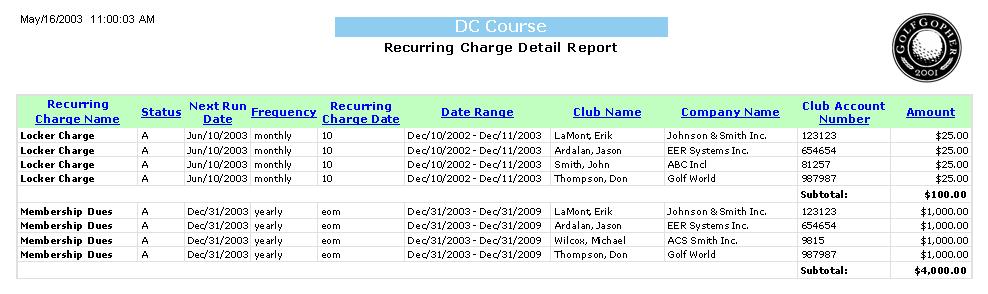The recurring charge detail report is an informational report that displays the details of each recurring charge currently set up in the system.
