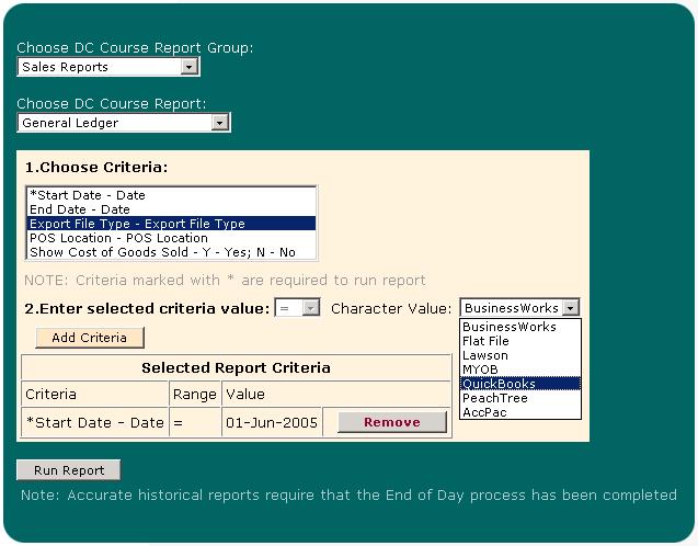 This will make available a Character Value drop down menu that lists all 6 ways of exporting this general ledger report. Select the accounting package that is applicable to you.