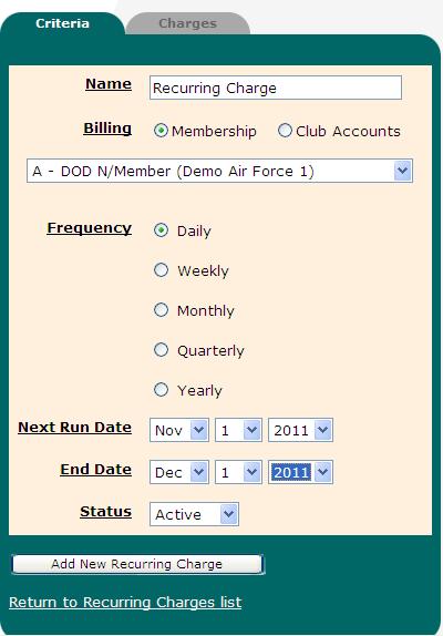 To associate the recurring charge with a membership type, select the radio button next to Membership and select the membership type from the drop down menu.
