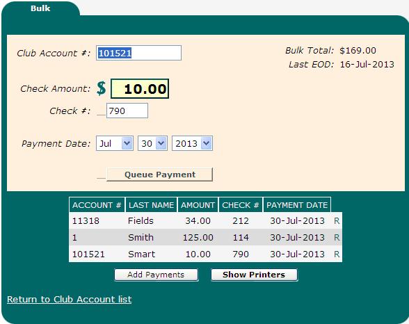Click Add Payments when all necessary payments have been submitted into the list. III. Adjustments Highlight the club account you would like to adjust and click Make a Payment.