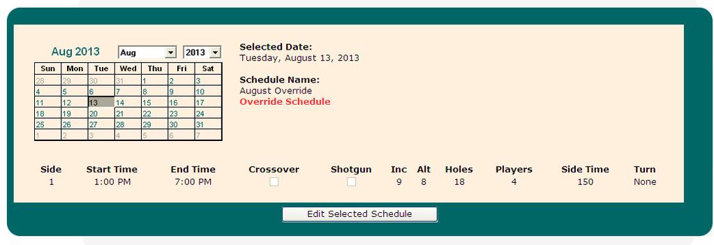 III.) View Daily Schedule This page is used as a quick reference for the user to be able to view applicable tee time schedules based on a selected date.