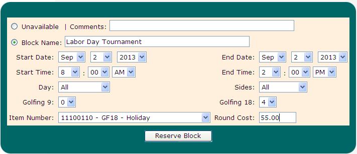 Set the date range for the reservation block. Set the time range for the reservation block. Select the day/days the reservation block applies to within that date range.