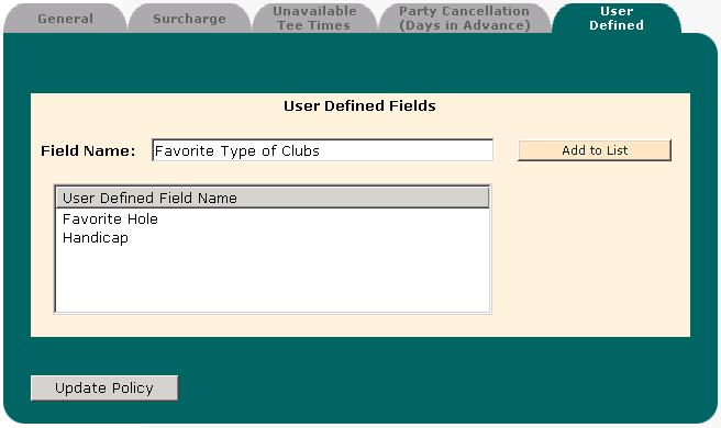Party Cancellation (Days in Advance) Note: This functionality is related to SPS Destinations software. User Defined Fields This tab allows administrators to customize their membership information.