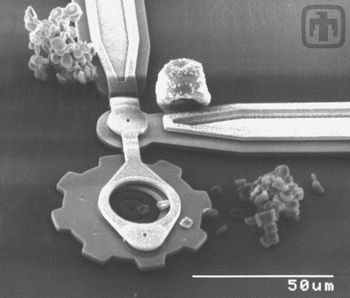 Figure 1 MEMS device compared to red blood cells (courtesy Sandia National Laboratories). Nanoscience in its earliest forms might well predate the ideas of Dr. Feynman.