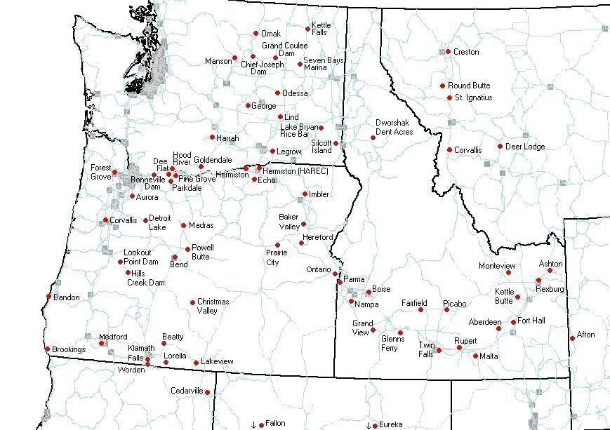 Figure 1: AgriMet Weather Station Locations: Pacific Northwest and Mid Pacific Regions AGRIMET DATA COLLECTION AND TRANSMISSION AgriMet stations are located in agricultural areas throughout Idaho,