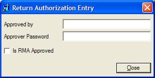 The return authorization is issued no later than x days from the invoice date. To override checking for items on the RMA: Zoom button a. Click the Zoom button to display the following form. b. Enter the approver s name and password.