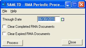 Removing Completed and Expired RMAs To remove information for all completed and expired RMAs: 1. Choose the Periodic Processing icon from the R/A Periodic Processing folder.