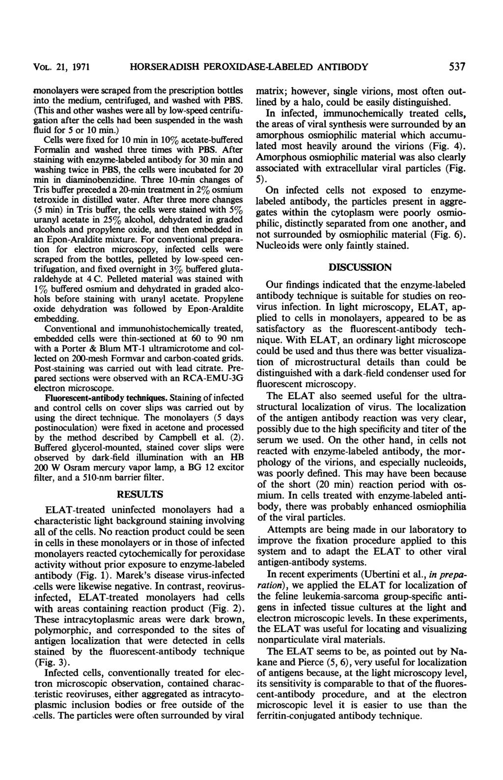 VOL. 21, 1971 HORSERADISH PEROXIDASE-LABELED ANTIBODY 537 monolayers were scraped from the prescription bottles into the medium, centrifuged, and washed with PBS.
