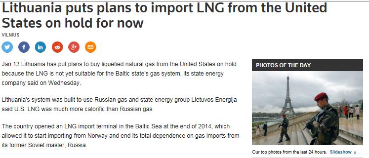 Example January 2016: LNG import on hold due to not meeting specifications We are not buying gas from the U.S.