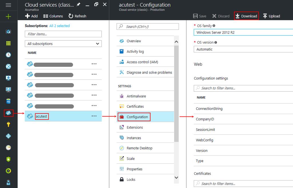 Updating Acumatica ERP 72 Figure: Windows Azure portal: Downloading a configuration file After you have downloaded the configuration file for your Acumatica ERP Service, you can start the update