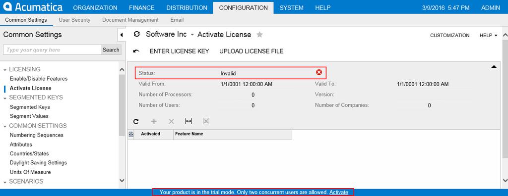 Troubleshooting Acumatica ERP 78 Make sure there is no message in the bottom of the browser window that says Your product is in the trial mode. Only two concurrent users are allowed. Activate.