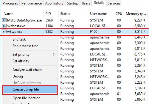 Troubleshooting Acumatica ERP 90 Right-click on the process, and select Create Dump File, as shown in the following screenshot.