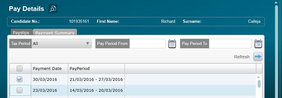 Refresh. Select the payslip(s) and click Open, your payslip(s) will be displayed.