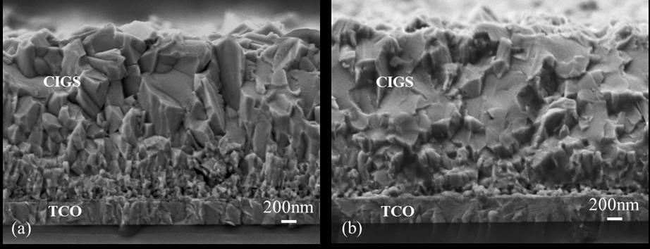 Figure 5.2: Cross-section SEM images of SLG / TCO / CdS / CIGS with baseline single stage CIGS depostion at T sub = 550 C on (a) as-deposited CdS (b) CdS with parallel plate CdCl 2 vapor treatment.