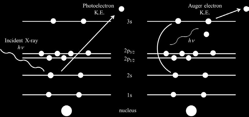 Auger electrons are independent of the primary X-ray source (Al Kα / Mg Kα). The emission process of photoelectrons and Auger electrons is shown in Figure 2.5.