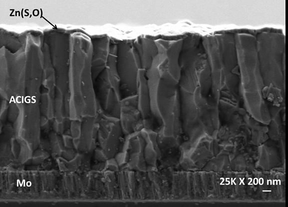 Figure 4.9 shows the cross section SEM image of the sample SLG / Mo / ACIGS / Zn(S,O) after the buffer sputtering growth. The Zn(S,O) layer thickness was around 50 nm in this case.