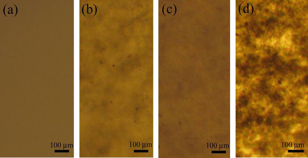 Fig. S2. Optical microscope images of the CNT dispersion states in PI matrix: (a) neat PI, (b) 0.10 wt%, (c) 0.27 wt%, and (d) 0.40 wt% CNT/PI composites.