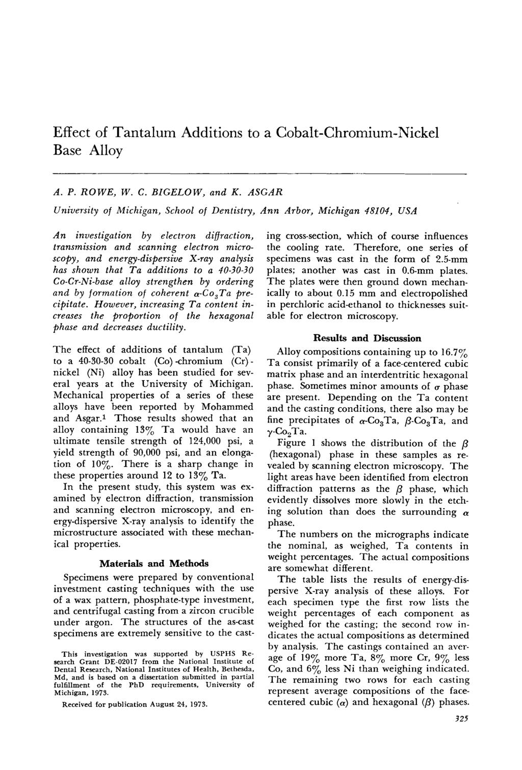 Effect of Tntlum Additions to Coblt-Chromium-Nickel Bse Alloy A. P. ROWE, W. C. BIGELOW, nd K.