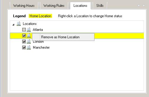 Configuring Training Manager To set a location as a home location, click the icon to the left of the location name and then right-click it to view the Add Home Location option.