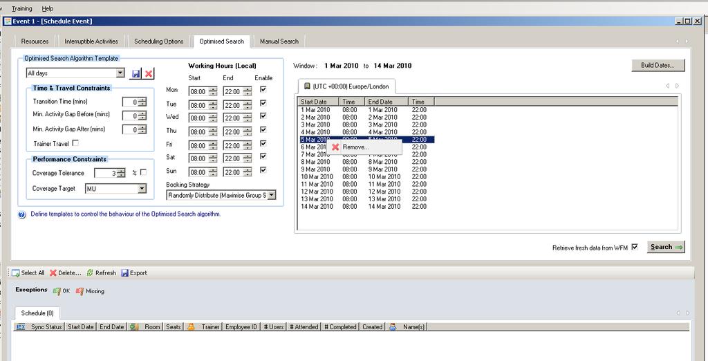 1 Excluding Training Dates Figure 96: Creating optimised search algorithm templates To exclude specific dates from scheduling training